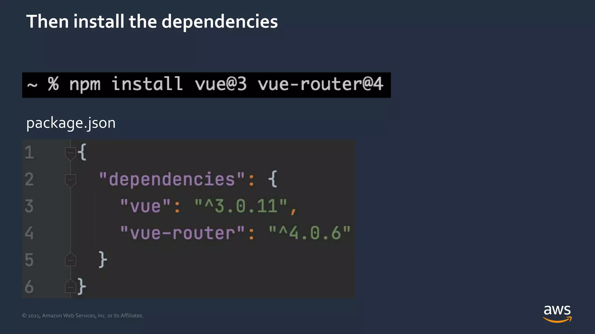 © 2021, Amazon Web Services, Inc. or its Affiliates.
Then install the dependencies
package.json
 