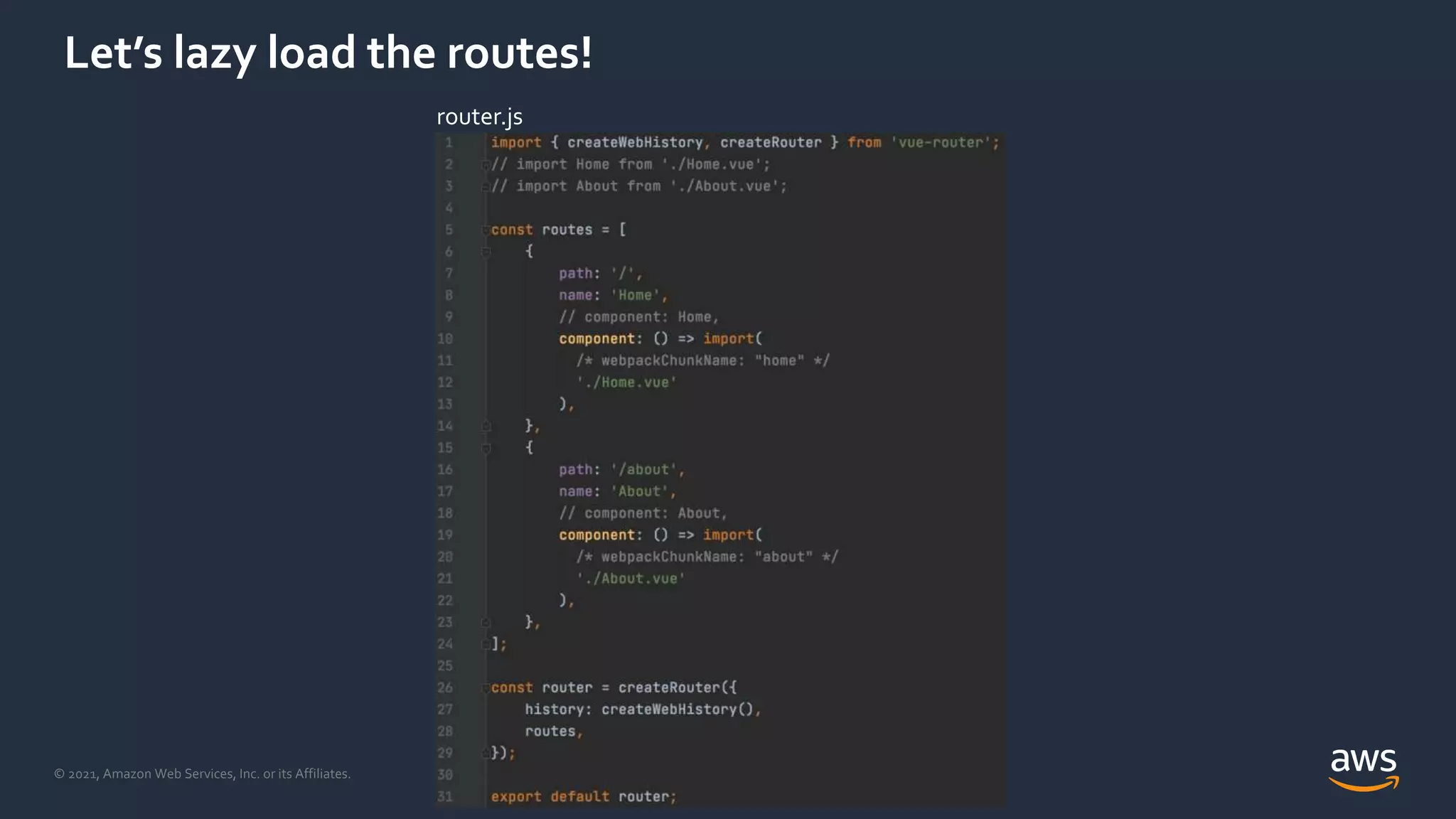 © 2021, Amazon Web Services, Inc. or its Affiliates.
Let’s lazy load the routes!
router.js
 
