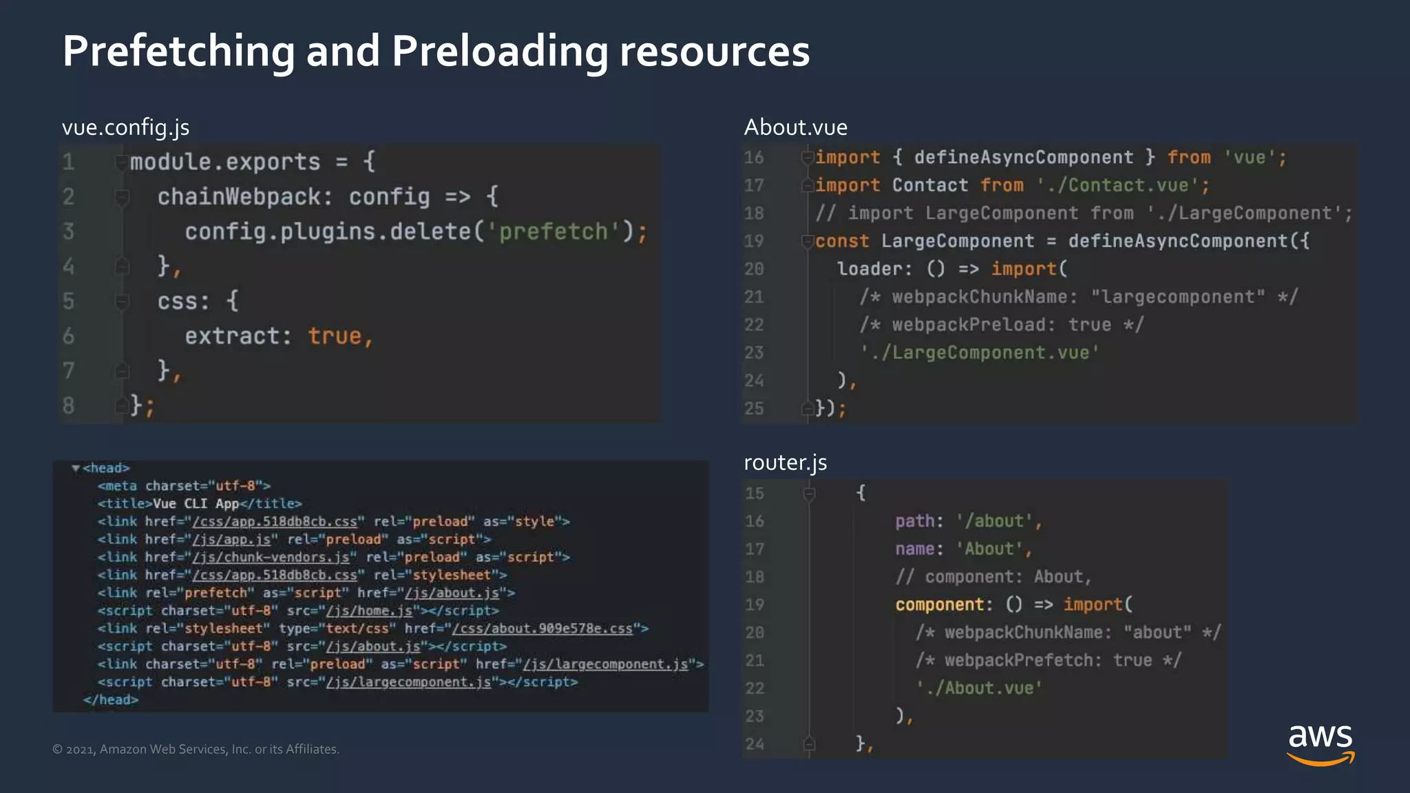 © 2021, Amazon Web Services, Inc. or its Affiliates.
Prefetching and Preloading resources
vue.config.js About.vue
router.js
 