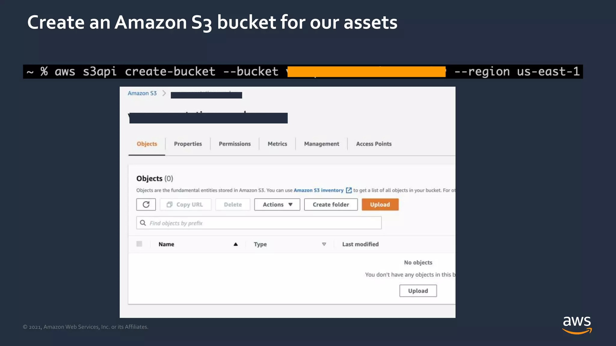 © 2021, Amazon Web Services, Inc. or its Affiliates.
Create an Amazon S3 bucket for our assets
 