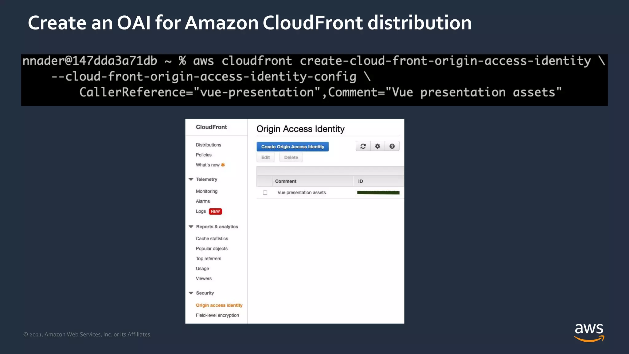 © 2021, Amazon Web Services, Inc. or its Affiliates.
Create an OAI for Amazon CloudFront distribution
 