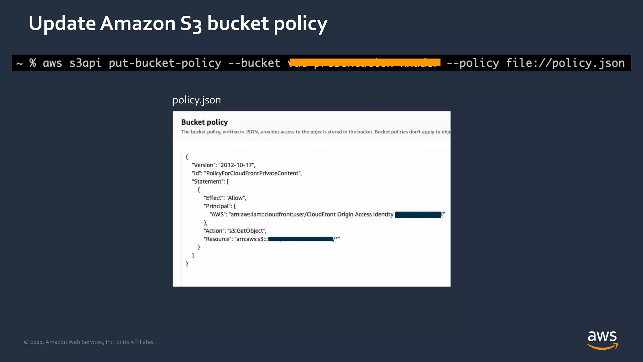 © 2021, Amazon Web Services, Inc. or its Affiliates.
Update Amazon S3 bucket policy
policy.json
 