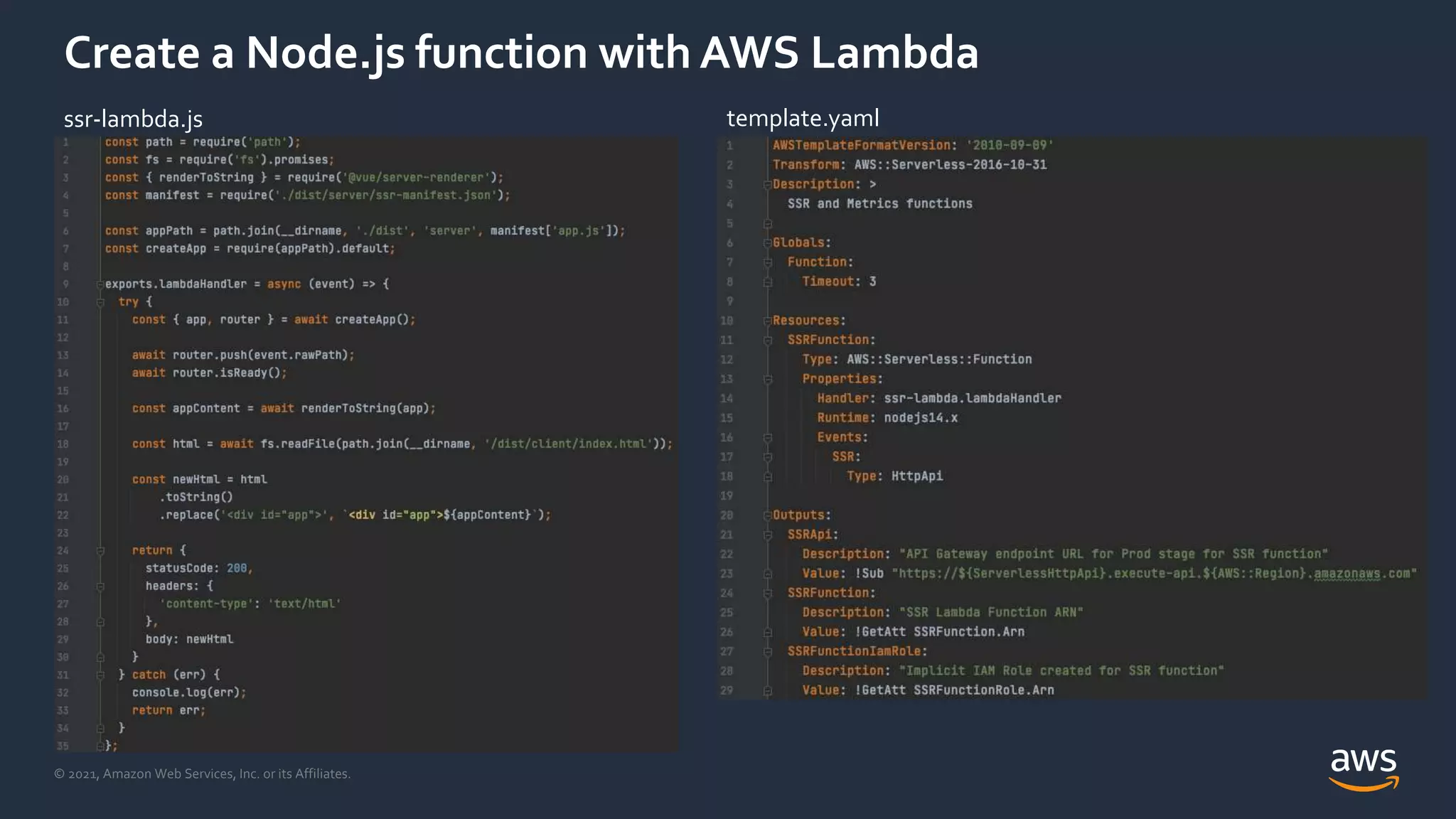 © 2021, Amazon Web Services, Inc. or its Affiliates.
Create a Node.js function with AWS Lambda
ssr-lambda.js template.yaml
 
