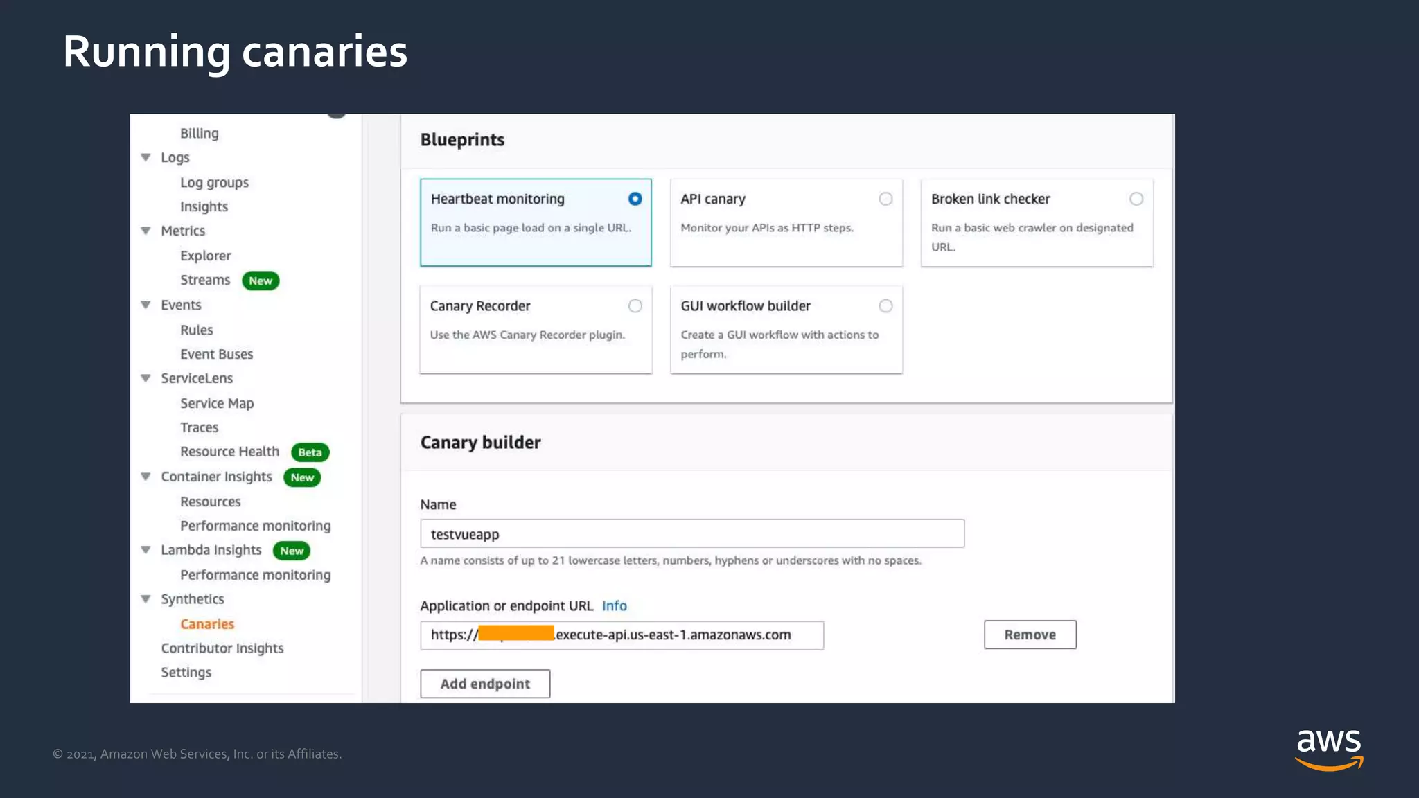 © 2021, Amazon Web Services, Inc. or its Affiliates.
Running canaries
 