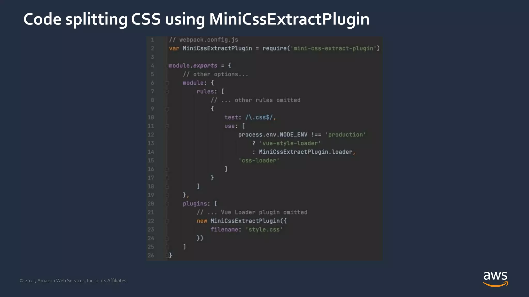 © 2021, Amazon Web Services, Inc. or its Affiliates.
Code splitting CSS using MiniCssExtractPlugin
 