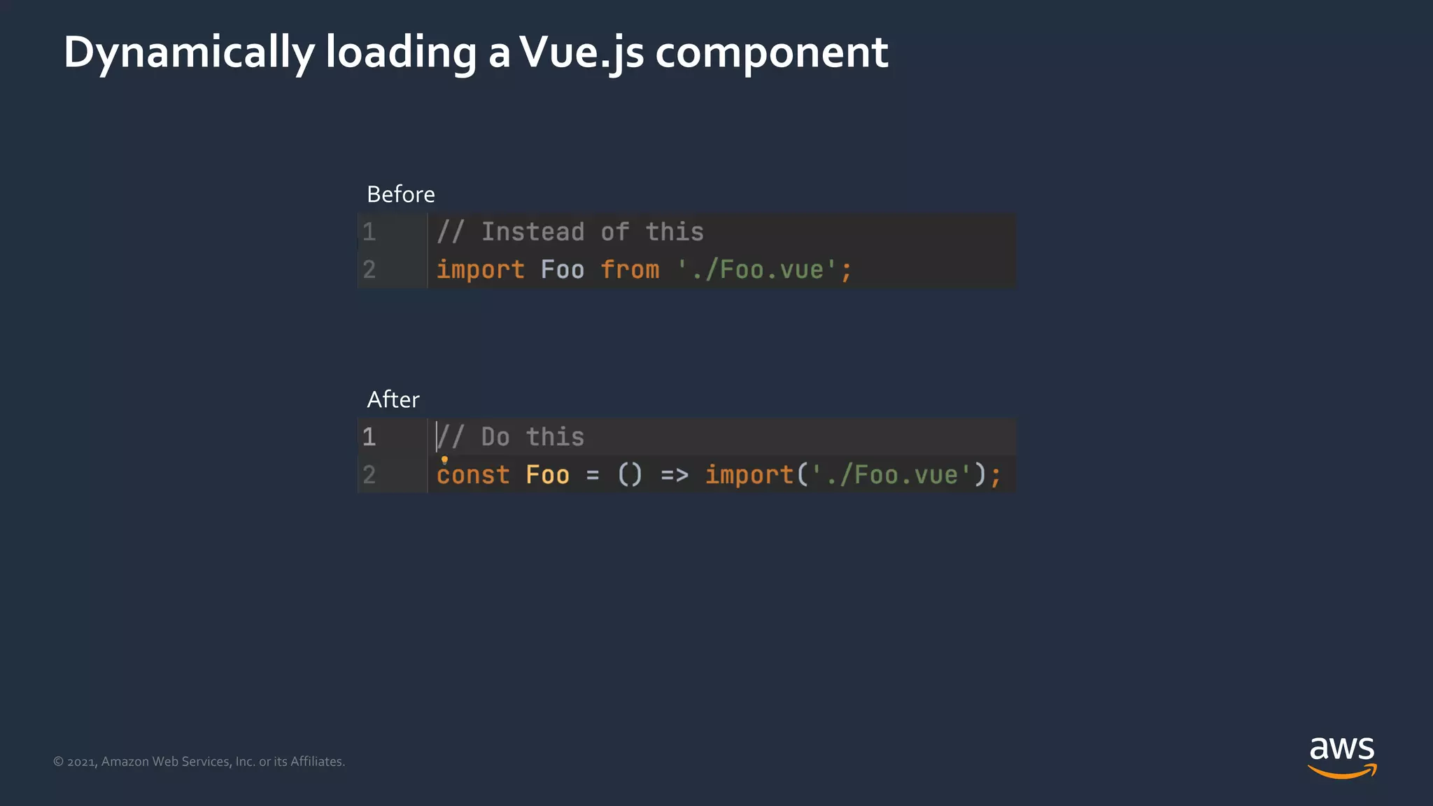 © 2021, Amazon Web Services, Inc. or its Affiliates.
Dynamically loading aVue.js component
Before
After
 
