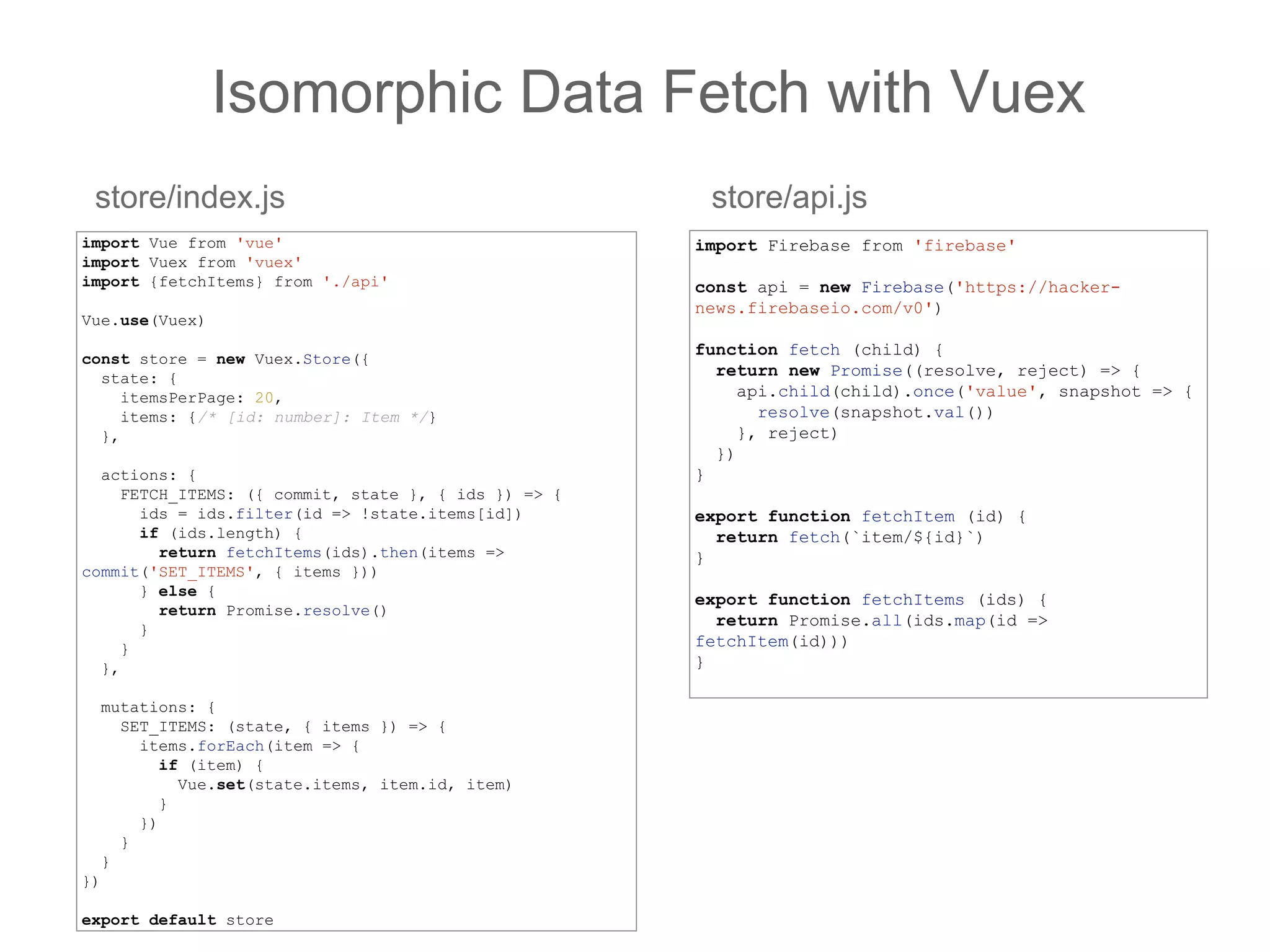 Isomorphic Data Fetch with Vuex
import Vue from 'vue'
import Vuex from 'vuex'
import {fetchItems} from './api'
Vue.use(Vuex)
const store = new Vuex.Store({
state: {
itemsPerPage: 20,
items: {/* [id: number]: Item */}
},
actions: {
FETCH_ITEMS: ({ commit, state }, { ids }) => {
ids = ids.filter(id => !state.items[id])
if (ids.length) {
return fetchItems(ids).then(items =>
commit('SET_ITEMS', { items }))
} else {
return Promise.resolve()
}
}
},
mutations: {
SET_ITEMS: (state, { items }) => {
items.forEach(item => {
if (item) {
Vue.set(state.items, item.id, item)
}
})
}
}
})
export default store
store/index.js store/api.js
import Firebase from 'firebase'
const api = new Firebase('https://hacker-
news.firebaseio.com/v0')
function fetch (child) {
return new Promise((resolve, reject) => {
api.child(child).once('value', snapshot => {
resolve(snapshot.val())
}, reject)
})
}
export function fetchItem (id) {
return fetch(`item/${id}`)
}
export function fetchItems (ids) {
return Promise.all(ids.map(id =>
fetchItem(id)))
}
 