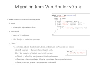 • Picked breaking changes from previous version
• Install
• routes config are changed to Array
• Navigations
• history.go -> history.push
• v-link directive -> <router-link> component
• Hooks
• The hooks data, activate, deactivate, canActivate, canDeactivate, canReuse are now replaced
• activate & deactivate -> Component's own lifecycle hooks
• data -> Use a watcher on $route to react to route changes
• canActivate -> beforeEnter guards declared in route configurations
• canDeactivate -> beforeRouteLeave defined at the root level of a component's definition
• canReuse -> removed because it is confusing and rarely useful
Migration from Vue Router v0.x.x
const router = new VueRouter({
mode: 'history',
base: __dirname,
routes: [
{ path: '/', component: Home },
{ path: '/about', component: About },
{ path: '/users', component: Users,
children: [
{ path: ':username', component: User }
]
}
]
})
watch: {
'$route': 'fetchData'
}
 
