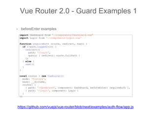 • beforeEnter examples
Vue Router 2.0 - Guard Examples 1
import Dashboard from './components/Dashboard.vue'
import Login f...