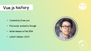 • Created by Evan you
• Previously worked in Google
• Initial release in Feb 2014
• Latest release v3.0.11
4
 
