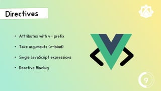 • Attributes with v- prefix
• Take arguments (v-bind)
• Single JavaScript expressions
• Reactive Binding
9
 