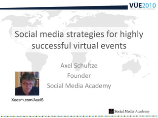 Social media strategies for highly
     successful virtual events
                       Axel Schultze
                         Founder
                  Social Media Academy
Xeesm.com/AxelS
                                         Logo Here
 