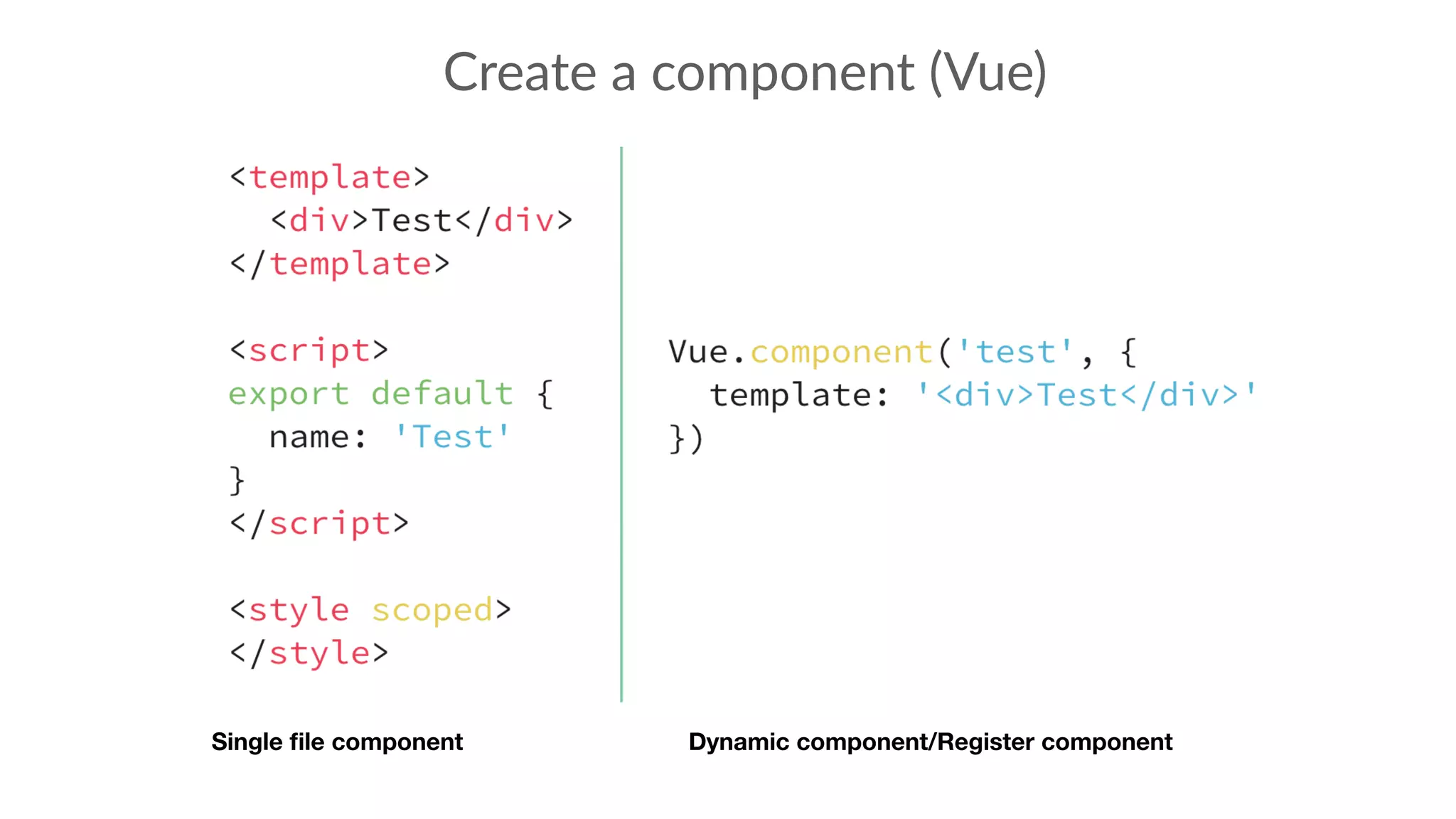 Create a component (Vue)
Single file component Dynamic component/Register component