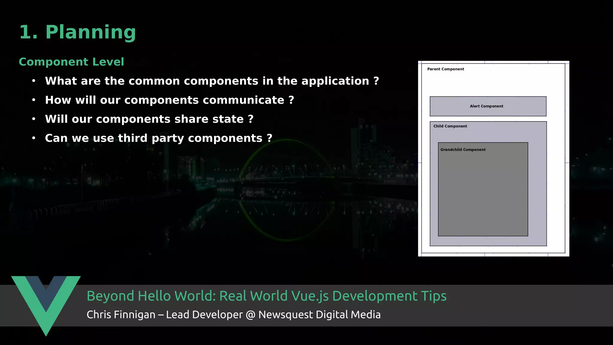 Beyond Hello World: Real World Vue.js Development Tips Chris Finnigan – Lead Developer @ Newsquest Digital Media 1. Planning Component Level ● What are the common components in the application ? ● How will our components communicate ? ● Will our components share state ? ● Can we use third party components ? 