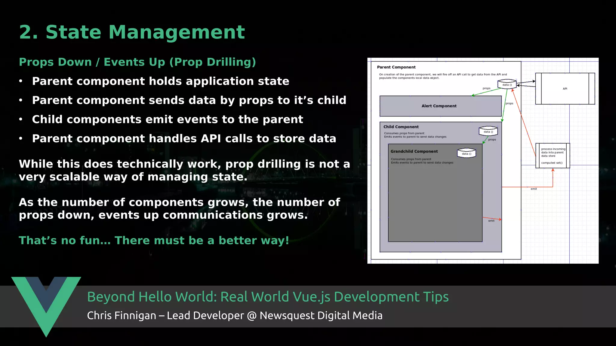 Beyond Hello World: Real World Vue.js Development Tips Chris Finnigan – Lead Developer @ Newsquest Digital Media 2. State Management Props Down / Events Up (Prop Drilling) ● Parent component holds application state ● Parent component sends data by props to it’s child ● Child components emit events to the parent ● Parent component handles API calls to store data While this does technically work, prop drilling is not a very scalable way of managing state. As the number of components grows, the number of props down, events up communications grows. That’s no fun… There must be a better way! 