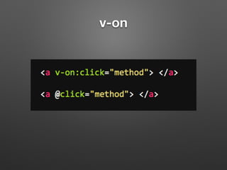• init
• created
• beforeCompile
• compiled
• ready
• attached
• detached
lifecycle hooks in Vue 2.0
• beforeDestroy
• destroyed
• beforeMount
• mounted
• beforeUpdate
• updated
• activated
• deactivated
ref: https://github.com/vuejs/vue/issues/2873#upgrade-tips
 