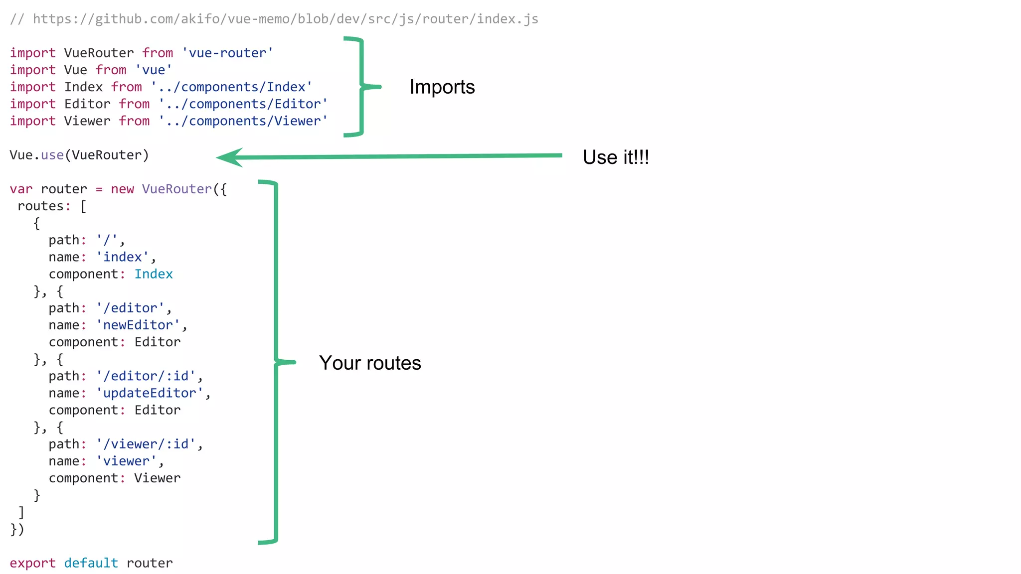 // https://github.com/akifo/vue-memo/blob/dev/src/js/router/index.js
import VueRouter from 'vue-router'
import Vue from 'vue'
import Index from '../components/Index'
import Editor from '../components/Editor'
import Viewer from '../components/Viewer'
Vue.use(VueRouter)
var router = new VueRouter({
routes: [
{
path: '/',
name: 'index',
component: Index
}, {
path: '/editor',
name: 'newEditor',
component: Editor
}, {
path: '/editor/:id',
name: 'updateEditor',
component: Editor
}, {
path: '/viewer/:id',
name: 'viewer',
component: Viewer
}
]
})
export default router
Imports
Use it!!!
Your routes
 