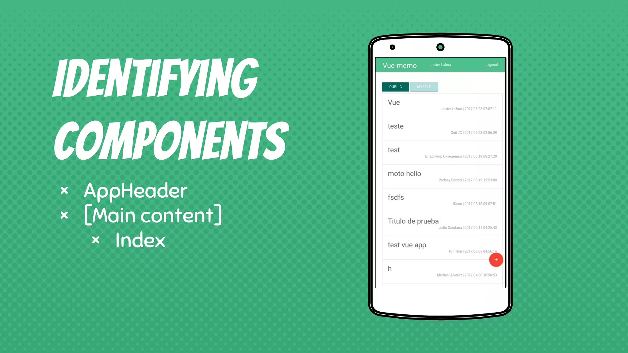 Place your screenshot here
Identifying
components
× AppHeader
× [Main content]
× Index
 