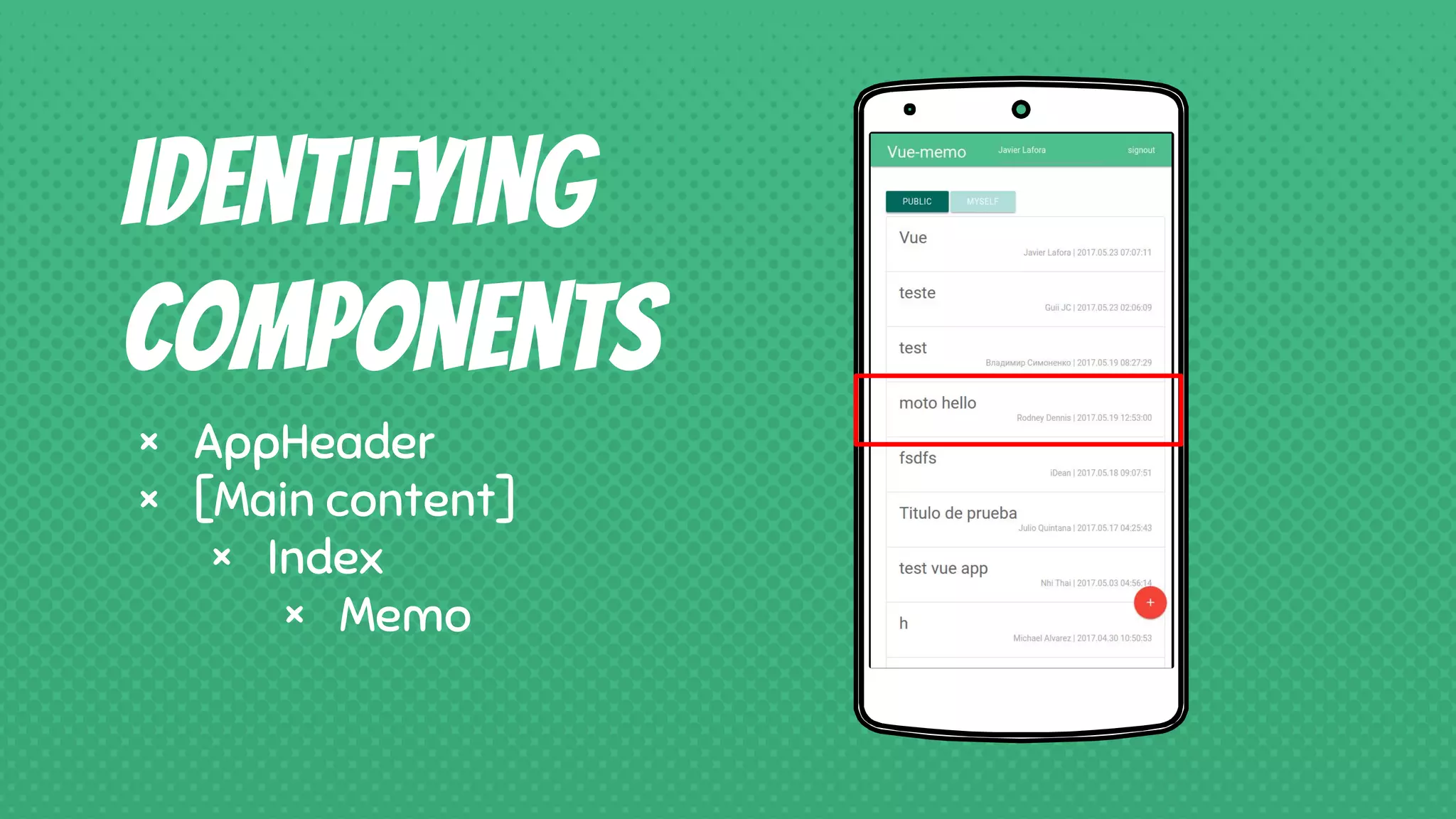 Place your screenshot here
Identifying
components
× AppHeader
× [Main content]
× Index
× Memo
 