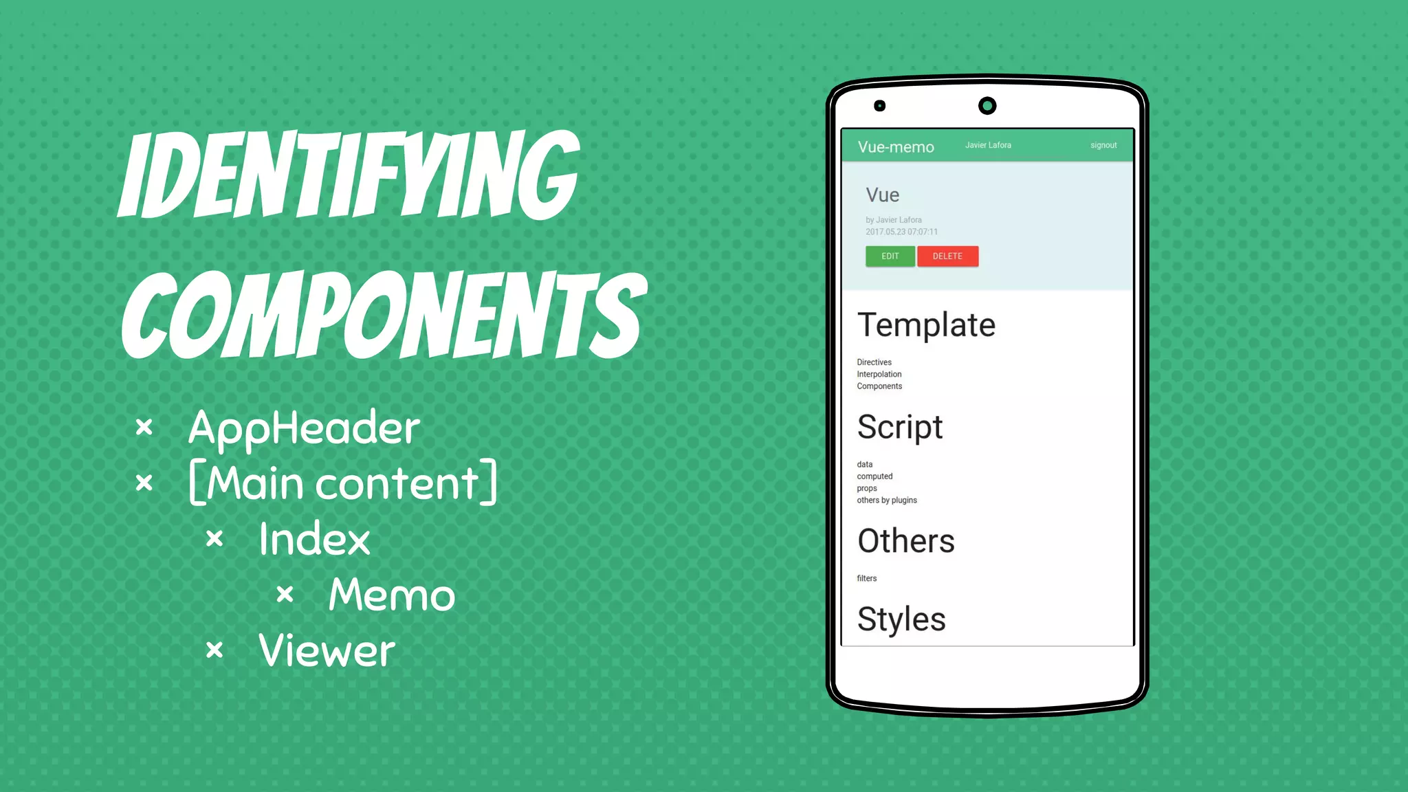 Place your screenshot here
Identifying
components
× AppHeader
× [Main content]
× Index
× Memo
× Viewer
 