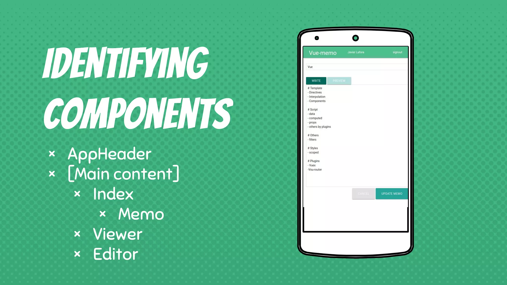 Place your screenshot here
Identifying
components
× AppHeader
× [Main content]
× Index
× Memo
× Viewer
× Editor
 