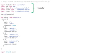 // https://github.com/akifo/vue-memo/blob/dev/src/js/router/index.js
import VueRouter from 'vue-router'
import Vue from 'vue'
import Index from '../components/Index'
import Editor from '../components/Editor'
import Viewer from '../components/Viewer'
Vue.use(VueRouter)
var router = new VueRouter({
routes: [
{
path: '/',
name: 'index',
component: Index
}, {
path: '/editor',
name: 'newEditor',
component: Editor
}, {
path: '/editor/:id',
name: 'updateEditor',
component: Editor
}, {
path: '/viewer/:id',
name: 'viewer',
component: Viewer
}
]
})
export default router
Imports
 