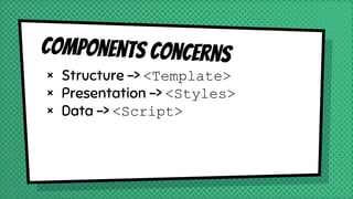 Components concerns
× Structure -> <Template>
× Presentation -> <Styles>
× Data -> <Script>
 