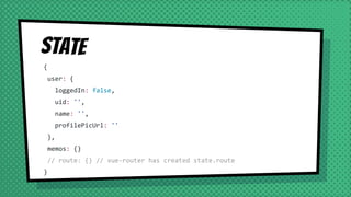 State
{
user: {
loggedIn: false,
uid: '',
name: '',
profilePicUrl: ''
},
memos: {}
// route: {} // vue-router has created state.route
}
 