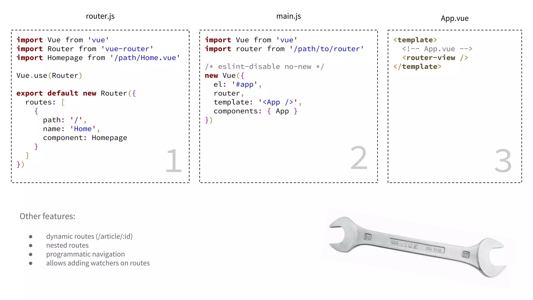 import Vue from 'vue'
import Router from 'vue-router'
import Homepage from '/path/Home.vue'
Vue.use(Router)
export default new Router({
routes: [
{
path: '/',
name: 'Home',
component: Homepage
}
]
})
import Vue from 'vue'
import router from '/path/to/router'
/* eslint-disable no-new */
new Vue({
el: '#app',
router,
template: '<App />',
components: { App }
})
<template>
<!-- App.vue -->
<router-view />
</template>
1 2 3
router.js main.js App.vue
Other features:
● dynamic routes (/article/:id)
● nested routes
● programmatic navigation
● allows adding watchers on routes
 