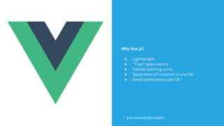 Why Vue.js?
● Lightweight
● “True” open-source
● Fastest learning curve
● Separation of concerns in one file
● Great performance per KB *
* just invented this metric
 