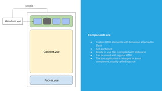 Content.vue
Footer.vue
MenuItem.vue
selected
Components are
● Custom HTML elements with behaviour attached to
them
● Self-contained
● Reside in .vue files (compiled with Webpack)
● Can be mixed with regular HTML
● The Vue application is wrapped in a root
component, usually called App.vue
 