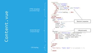 <template>
<div class="content">
<div v-if="loaded">
<h1>{{ title }}</h1>
<img :src="media" :alt="title">
<p>{{ article }}</p>
</div>
<div v-else>Loading...</div>
</div>
</template>
<script>
export default {
name: 'content',
data () {
return {
loaded: false,
title: null,
article: null,
media: null
}
},
mounted () {
axios.get('/latest-news').then(response => {
this.title = response.data.title,
this.article = response.data.article
this.media = response.data.media
this.loaded = true
})
}
}
</script>
<style>
h1 {
font-family: "Comic Sans" /* on purpose :) */
}
</style>
“Reactive” properties
Lifecycle events
HTML template
presentation logic
CSS styling
Javascript part
component logic
Content.vue
 