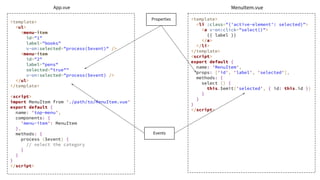 <template>
<ul>
<menu-item
id="1"
label="books"
v-on:selected="process($event)" />
<menu-item
id="2"
label="pens"
selected="true""
v-on:selected="process($event) />
</ul>
</template>
<script>
import MenuItem from './path/to/MenuItem.vue'
export default {
name: 'top-menu',
components: {
'menu-item': MenuItem
},
methods: {
process ($event) {
// select the category
}
}
}
</script>
<template>
<li :class="{'active-element': selected}">
<a v-on:click="select()">
{{ label }}
</a>
</li>
</template>
<script>
export default {
name: 'MenuItem',
props: ['id', 'label', 'selected'],
methods: {
select () {
this.$emit('selected', { id: this.id })
}
}
}
</script>
Properties
Events
App.vue MenuItem.vue
 