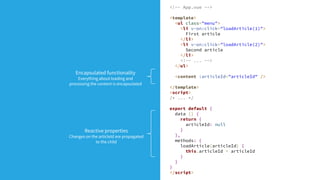 <!-- App.vue -->
<template>
<ul class="menu">
<li v-on:click="loadArticle(1)">
First article
</li>
<li v-on:click="loadArticle(2)">
Second article
</li>
<!-- ... -->
</ul>
<content :articleId="articleId" />
</template>
<script>
/* ... */
export default {
data () {
return {
articleId: null
}
},
methods: {
loadArticle(articleId) {
this.articleId = articleId
}
}
}
</script>
Reactive properties
Changes on the articleId are propagated
to the child
Encapsulated functionality
Everything about loading and
processing the content is encapsulated
 