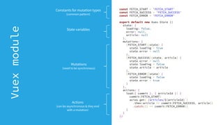 const FETCH_START = 'FETCH_START'
const FETCH_SUCCESS = 'FETCH_SUCCESS'
const FETCH_ERROR = 'FETCH_ERROR'
export default new Vuex.Store ({
state: {
loading: false,
error: null,
article: null
},
mutations: {
[FETCH_START](state) {
state.loading = true
state.error = null
},
[FETCH_SUCCESS](state, article) {
state.error = null
state.loading = false
state.article = article
},
[FETCH_ERROR](state) {
state.loading = false
state.error = true
}
},
actions: {
load({ commit }, { articleId }) {
commit(FETCH_START)
axios.get(`/articles/${articleId}`)
.then(article => commit(FETCH_SUCCESS, article))
.catch(() => commit(FETCH_ERROR))
}
}
})
Constants for mutation types
(common pattern)
State variables
Mutations
(need to be synchronous)
Vuexmodule
Actions
(can be asynchronous & they end
with a mutation)
 