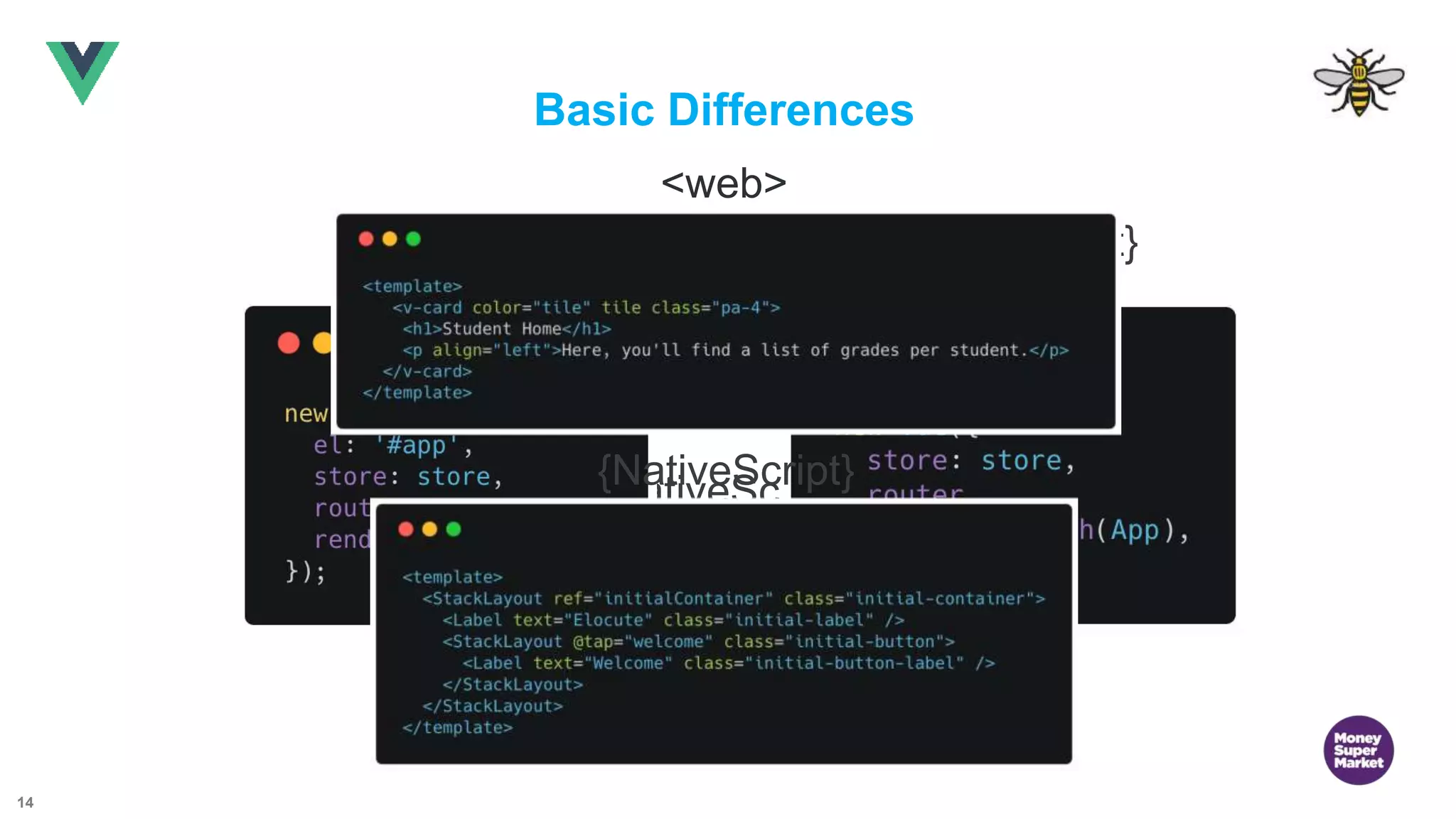 14 Basic Differences <web> import Vue from 'vue'; {NativeScript} import Vue from 'nativescript-vue'; <web> {NativeScript} <web> {NativeScript} 