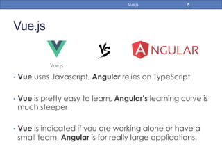 Vue.js
•  Vue uses Javascript, Angular relies on TypeScript
•  Vue is pretty easy to learn, Angular’s learning curve is
much steeper
•  Vue Is indicated if you are working alone or have a
small team, Angular is for really large applications.
5Vue.js
 