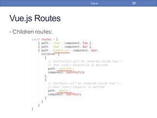Vue.js Routes
•  Children routes:
57Vue.js
 