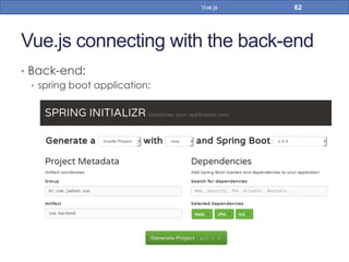 Vue.js connecting with the back-end
•  Back-end:
•  spring boot application:
62Vue.js
 