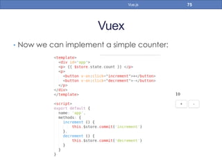 Vuex
•  Now we can implement a simple counter:
75Vue.js
 