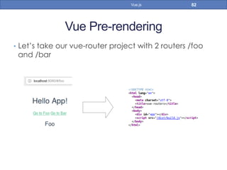 Vue Pre-rendering
•  Let’s take our vue-router project with 2 routers /foo
and /bar
82Vue.js
 