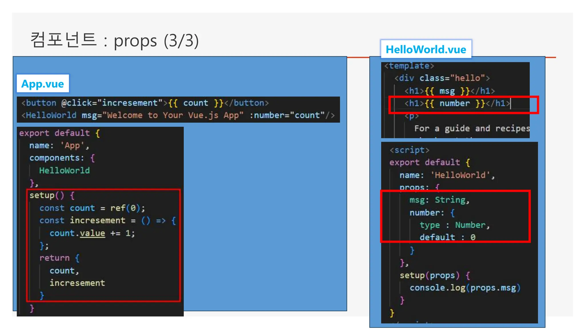 컴포넌트 : props (3/3)
App.vue
HelloWorld.vue
 