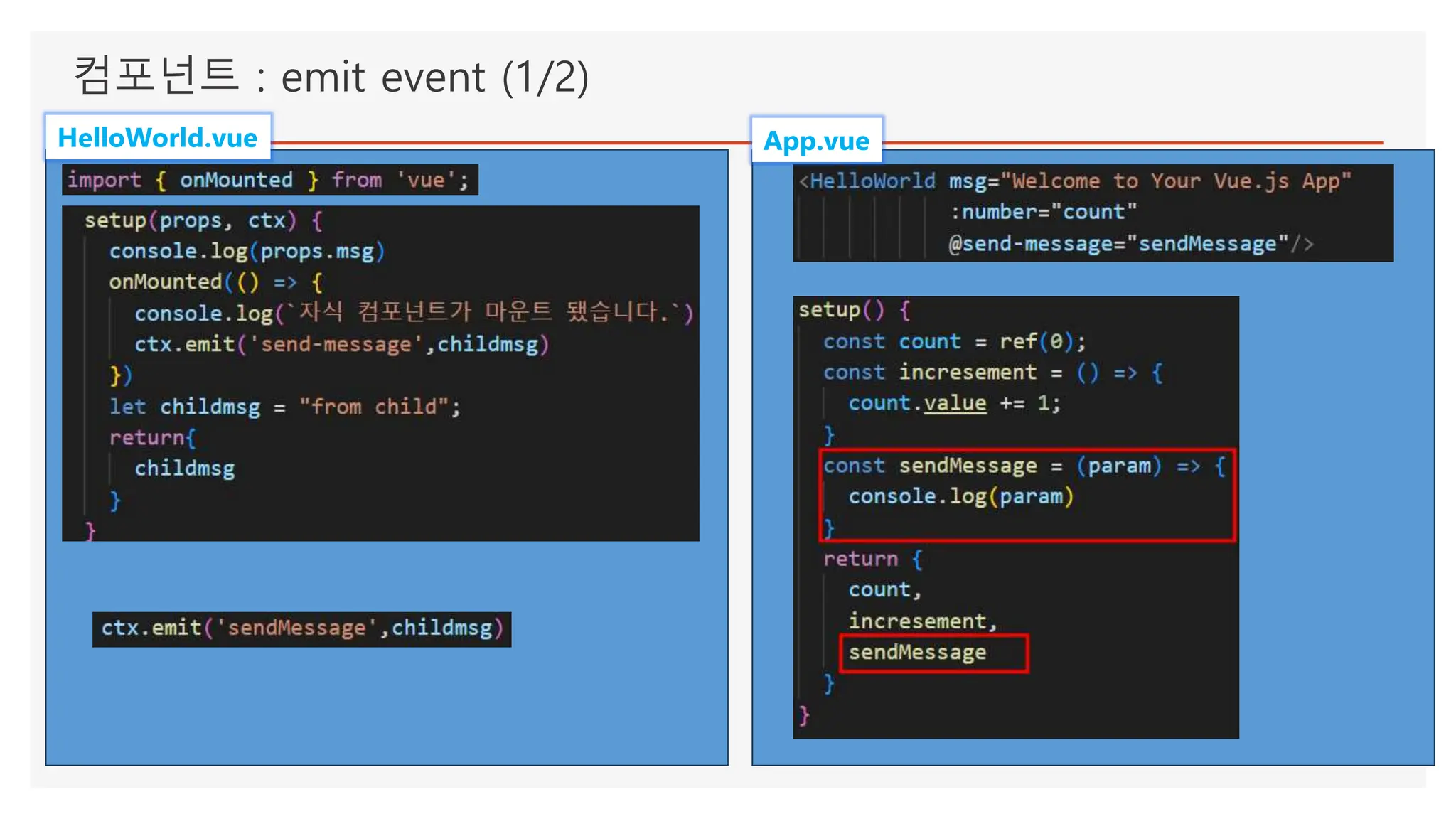 컴포넌트 : emit event (1/2)
App.vue
HelloWorld.vue
 