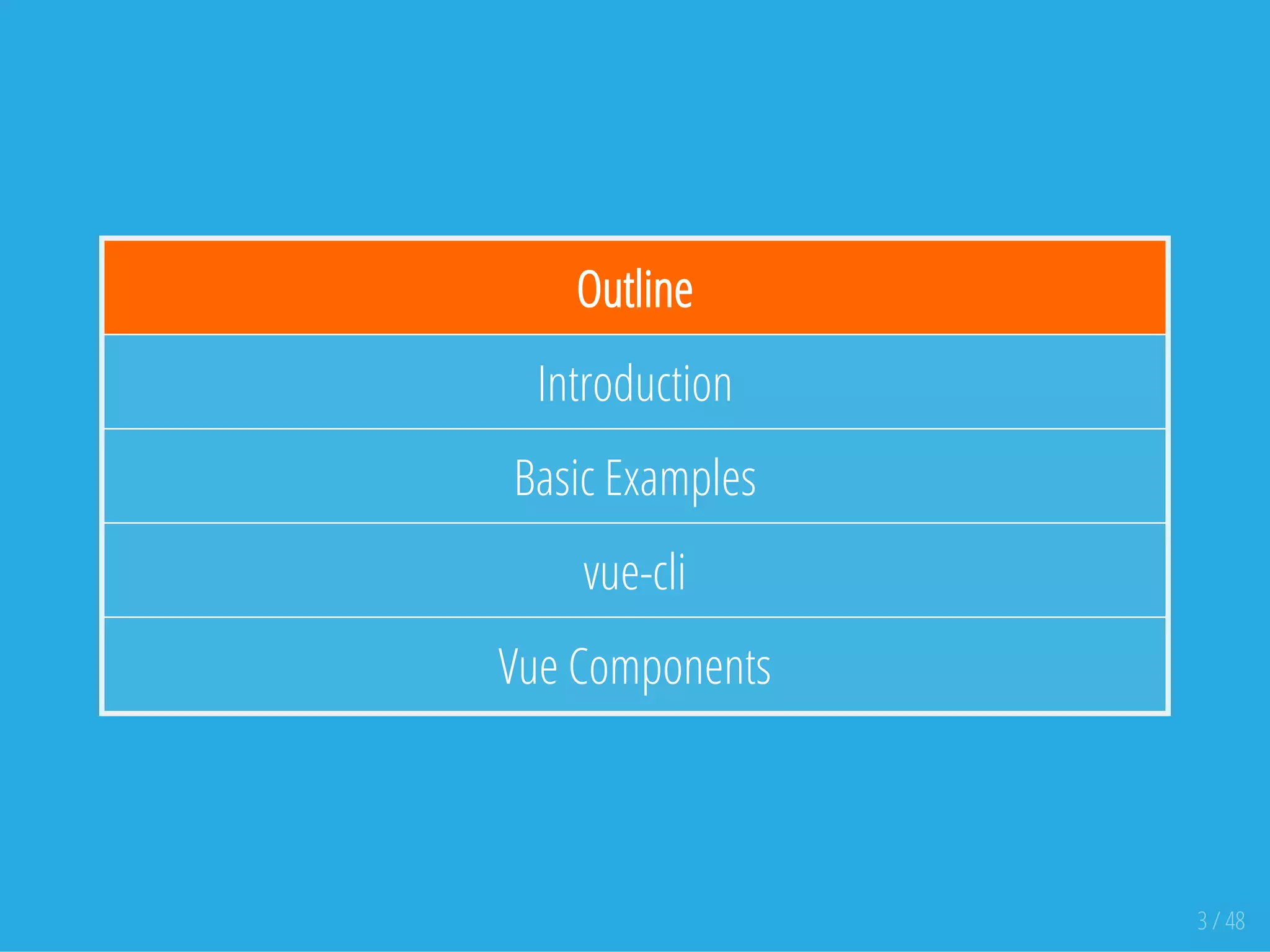 Outline
Introduction
Basic Examples
vue-cli
Vue Components
3 / 48
 