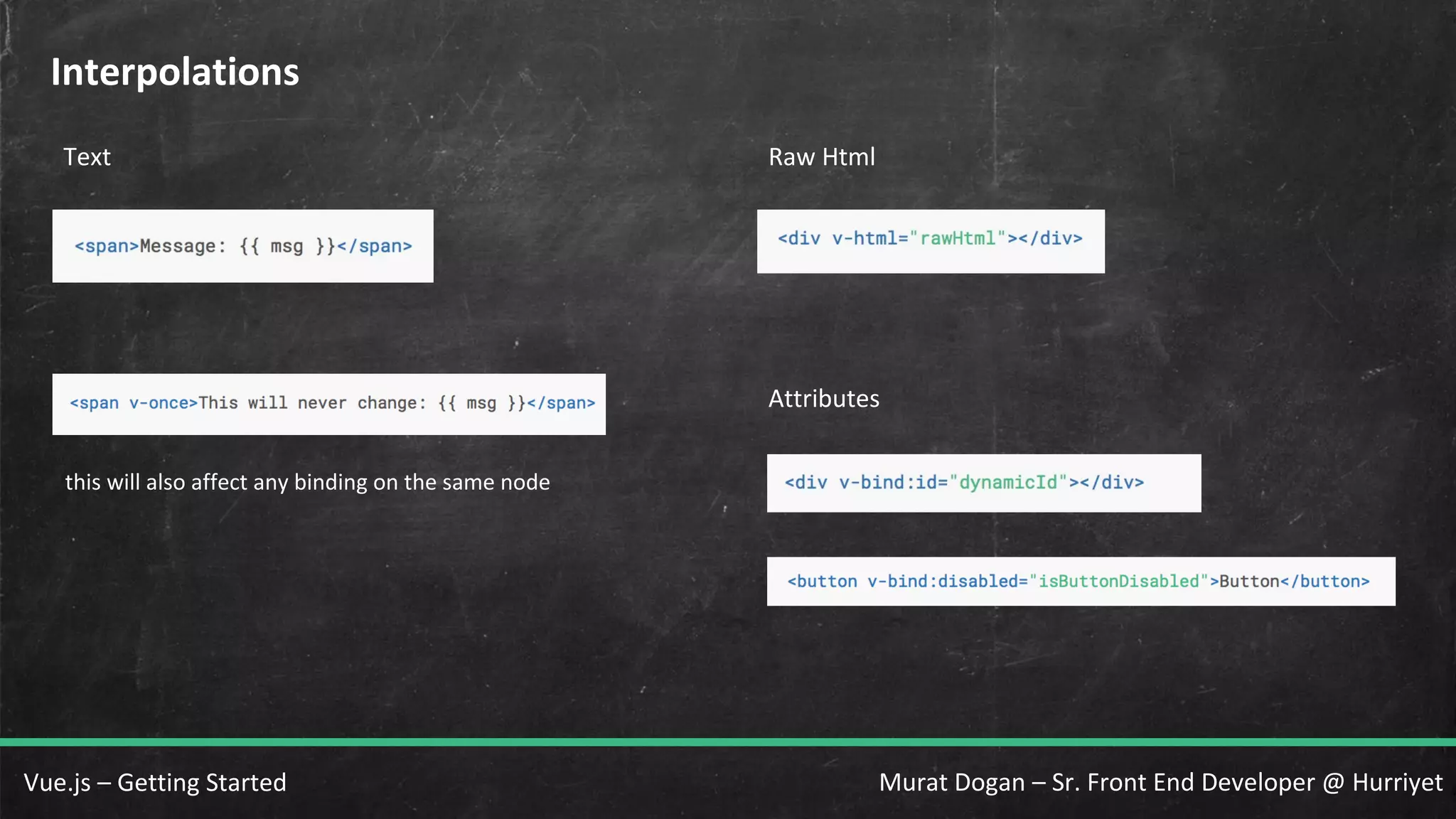 Murat Dogan – Sr. Front End Developer @ HurriyetVue.js – Getting Started Interpolations Text Raw Html this will also affect any binding on the same node Attributes 