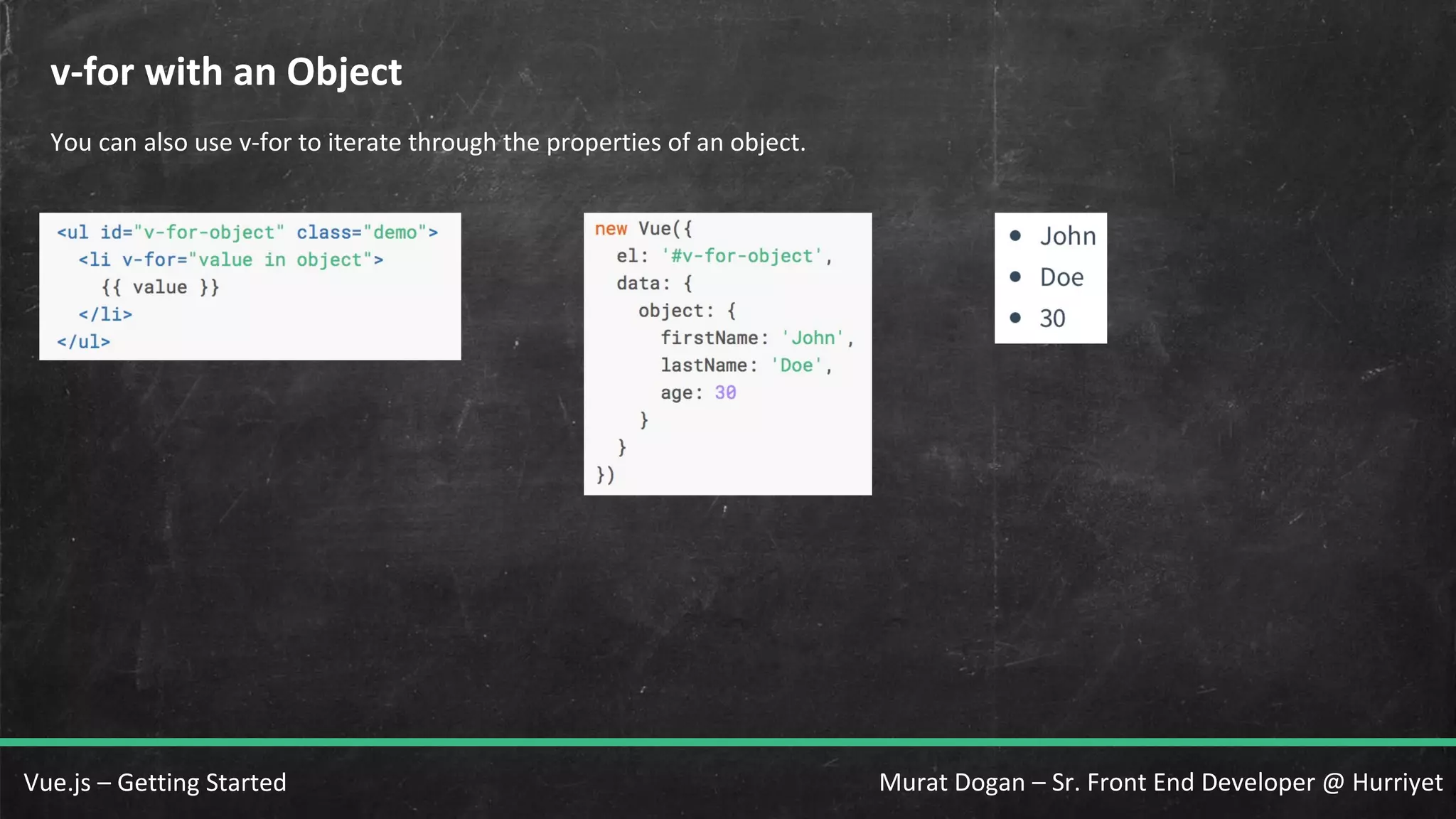 Murat Dogan – Sr. Front End Developer @ HurriyetVue.js – Getting Started v-for with an Object You can also use v-for to iterate through the properties of an object. 