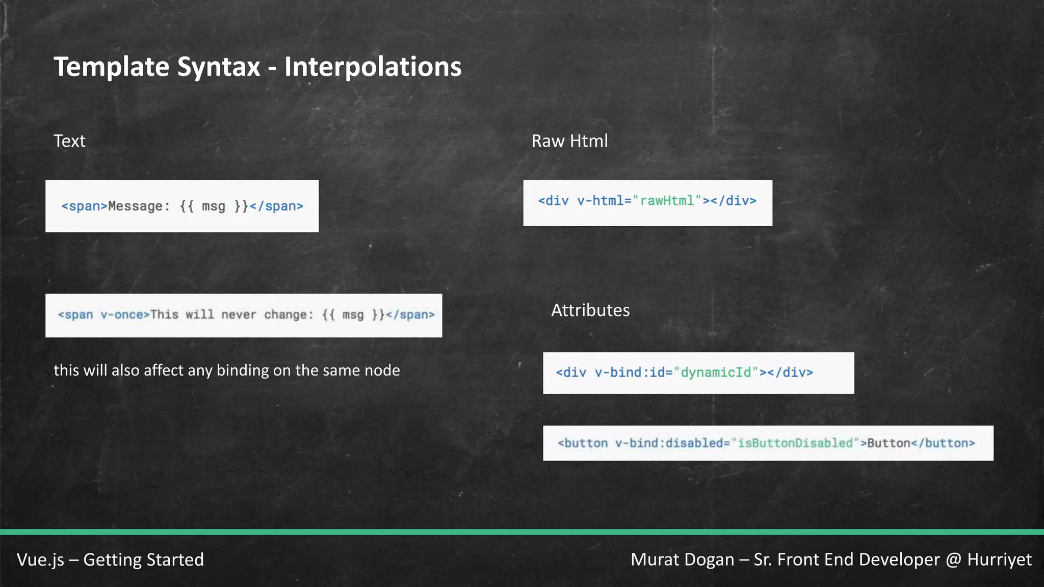 Murat Dogan – Sr. Front End Developer @ HurriyetVue.js – Getting Started Template Syntax - Interpolations Text Raw Html this will also affect any binding on the same node Attributes 