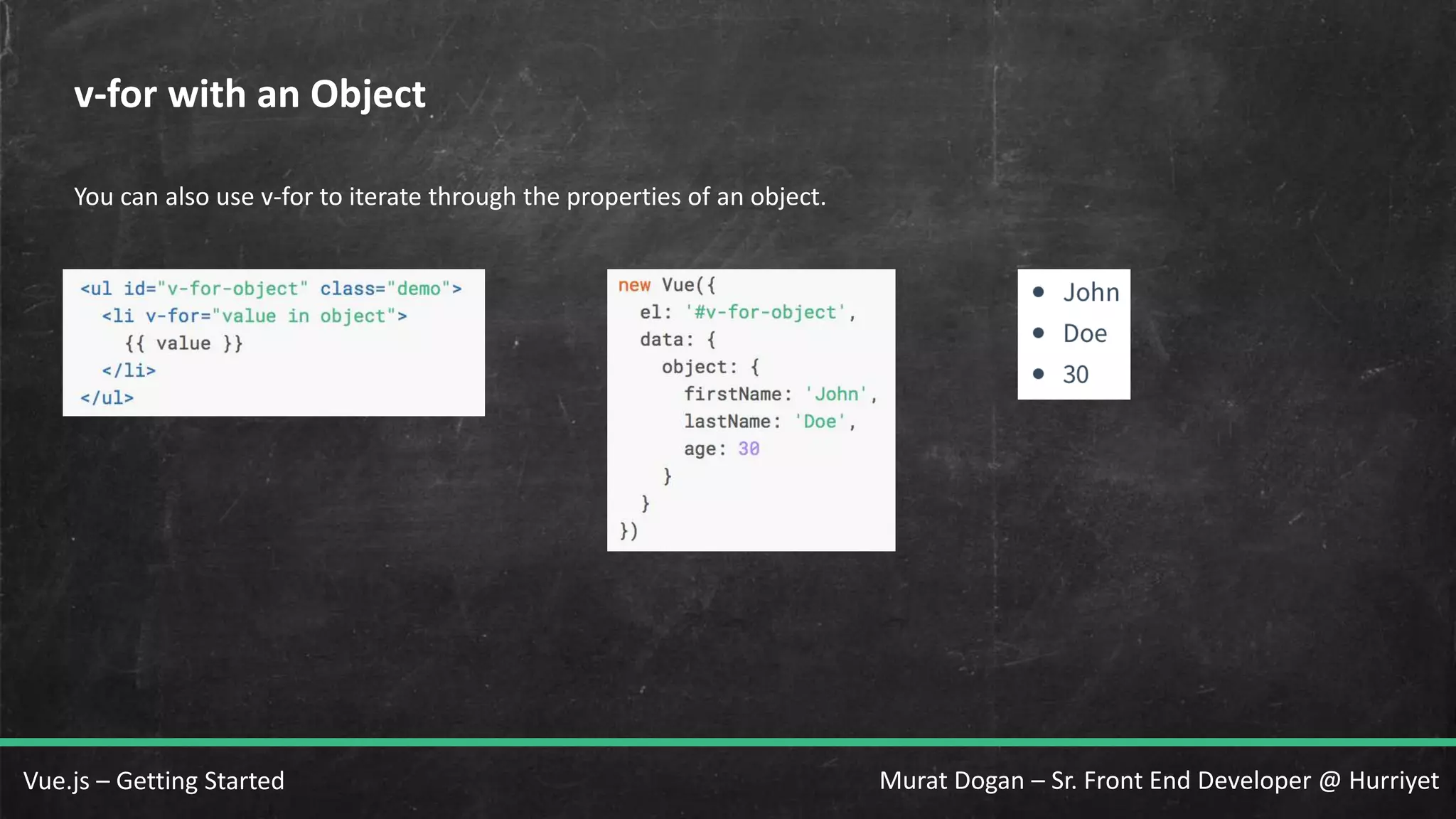 Murat Dogan – Sr. Front End Developer @ HurriyetVue.js – Getting Started v-for with an Object You can also use v-for to iterate through the properties of an object. 