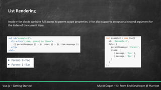Murat Dogan – Sr. Front End Developer @ HurriyetVue.js – Getting Started
List Rendering
Inside v-for blocks we have full access to parent scope properties. v-for also supports an optional second argument for
the index of the current item.
 