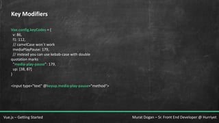 Murat Dogan – Sr. Front End Developer @ HurriyetVue.js – Getting Started
Key Modifiers
Vue.config.keyCodes = {
v: 86,
f1: 112,
// camelCase won`t work
mediaPlayPause: 179,
// instead you can use kebab-case with double
quotation marks
"media-play-pause": 179,
up: [38, 87]
}
<input type="text" @keyup.media-play-pause="method">
 